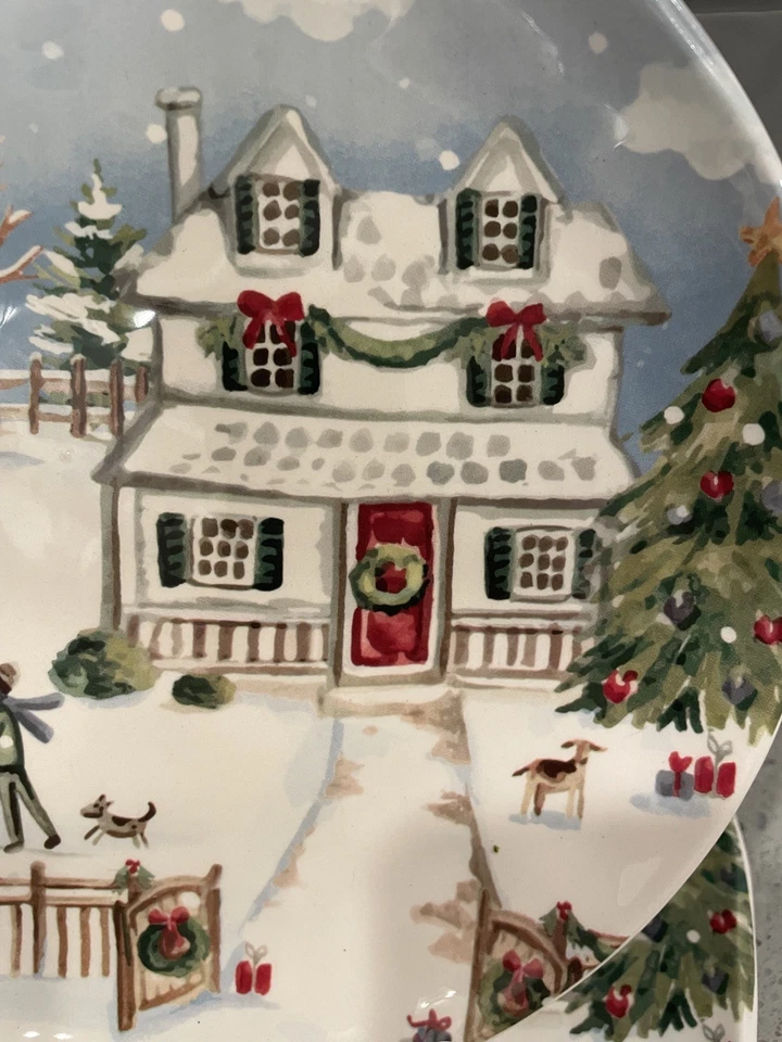 Pier 1 Ironstone Christmas Village De Colección Escena de Invierno Ensalada Postre Platos Set 4 Foto 2 de 4