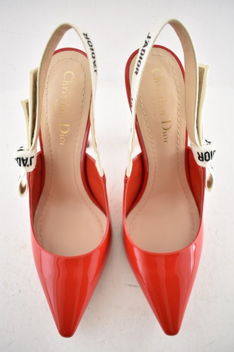 Dior J'adior Red Patent White Black Ribbon Logo Slingback Pump
