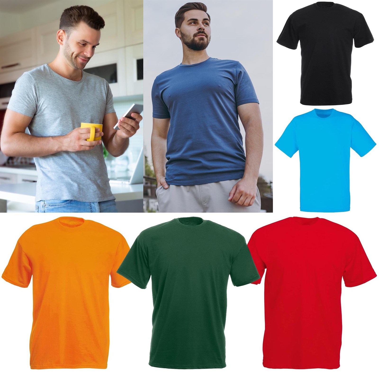 Pack de 5 Camisetas Para Hombre Lisas, Cuello Redondo Manga Corta Algodón Camisa Verano