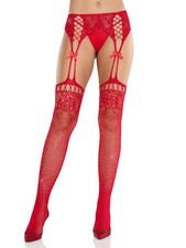 Red Rhinestone Lace Top Fishnet Stockings With Garter Belt One Size