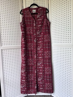 VTG Leslie Fay Dress Women's 14 Red Sleevless Button Front Maxi Tank Printed 