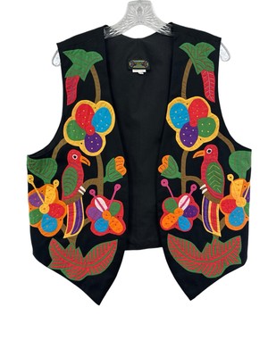 Vtg Sed s Crafts Molas Parrots Vest Woman SZ Medium Panama Handmade 100% Cotton