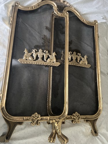 Vintage French Rococo Revival Brass Trifold Lovebirds Fireplace Screen, Paw Feet