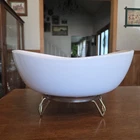 Vintage Milk Glass Serving Bowl w Brass Atomic Tripod Stand Mid Century MCM