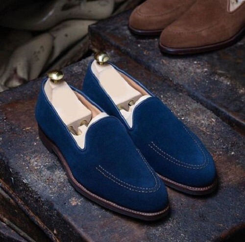 Men Handmade Blue Suede Loafer Shoes 