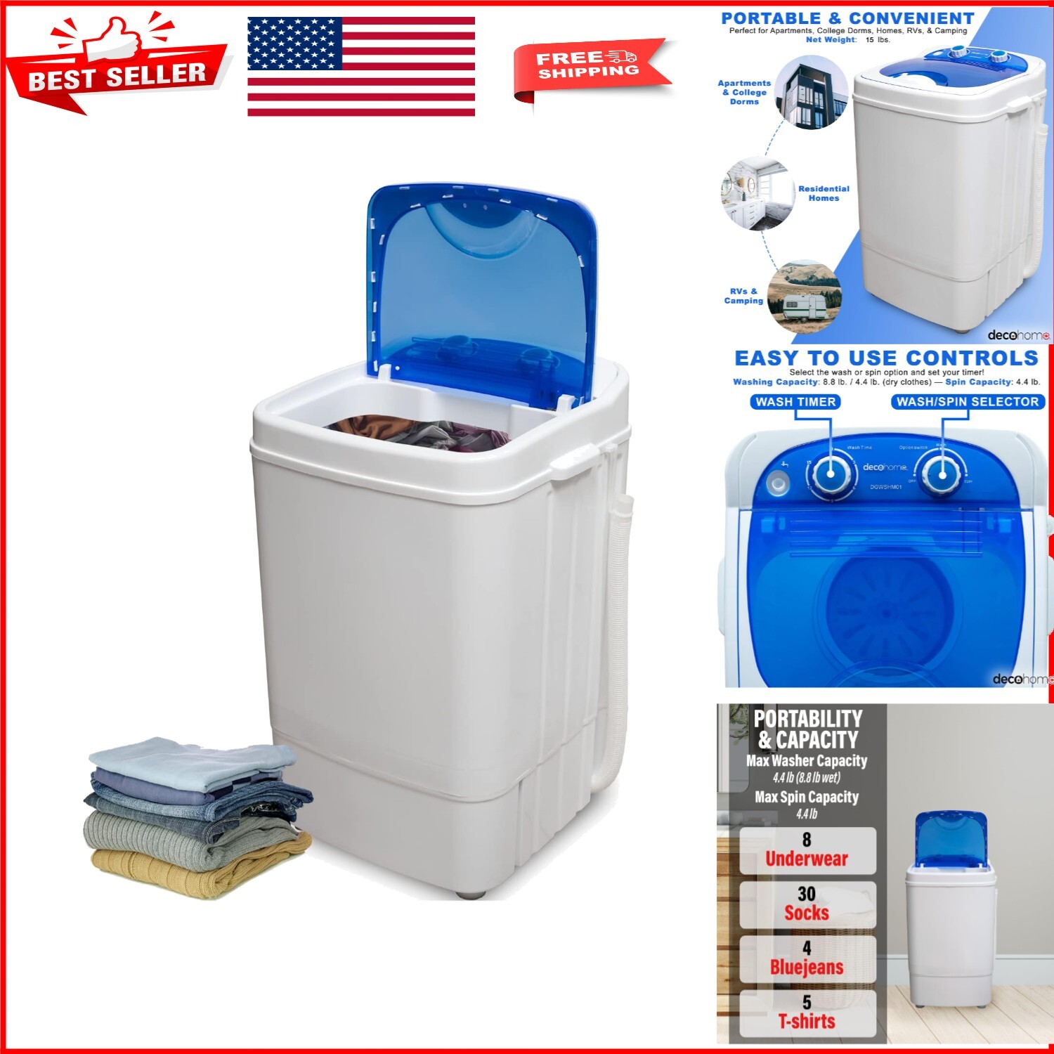 Compact 8.8 lb Portable Washing Machine for Dorms & Apartments - 250W Power