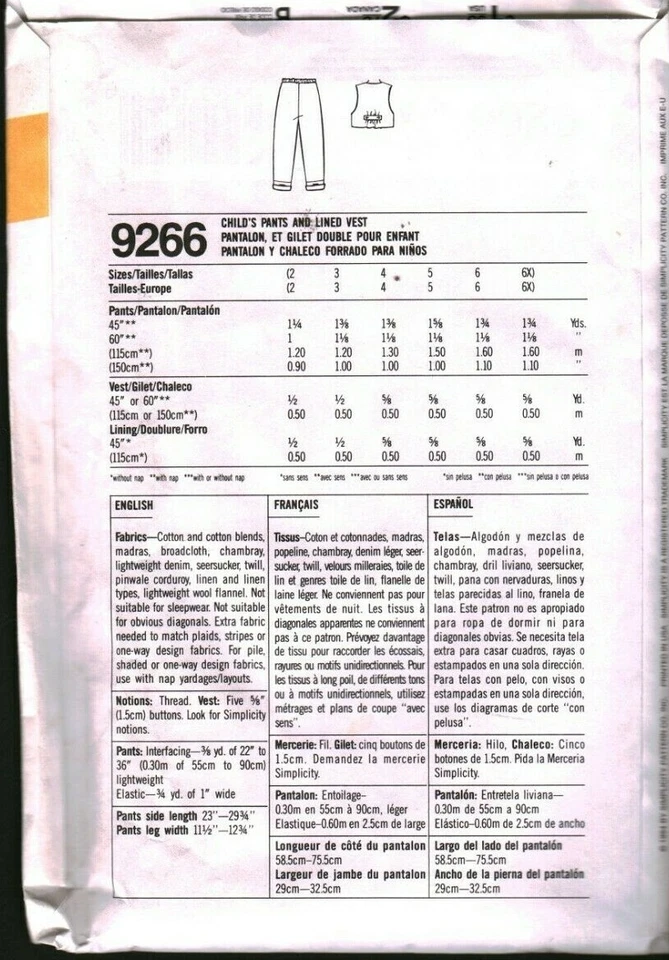9266 Vintage UNCUT Simplicity SEWING Pattern Girls Boys Pants Lined Vest 2-6X FF - Image 2 of 2
