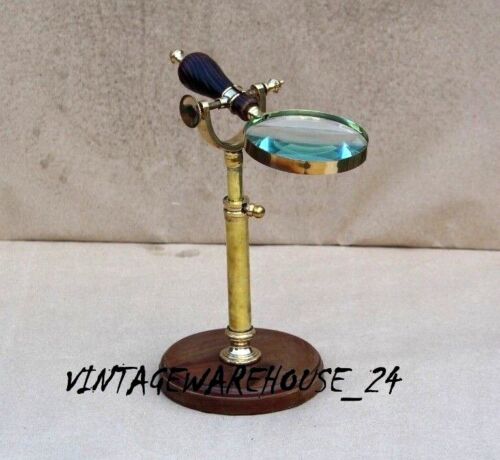 Vintage Desktop Table Magnifying Glass Wooden Stand Brass Magnifier Decor - Picture 1 of 9