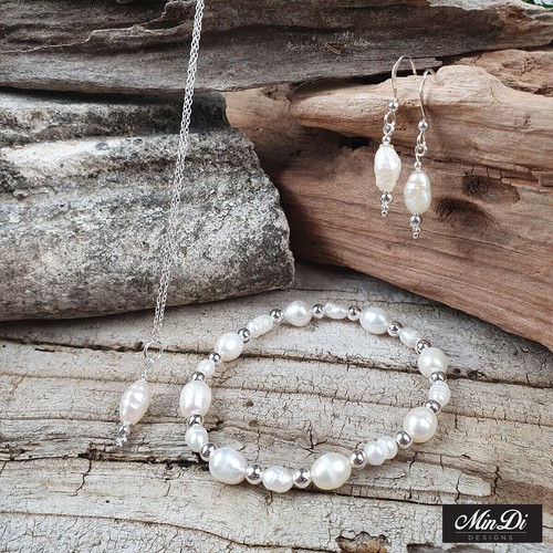 Parure Argent Sterling Perles D'eau Douce | Collier Bracelet Boucles D'oreilles Macys