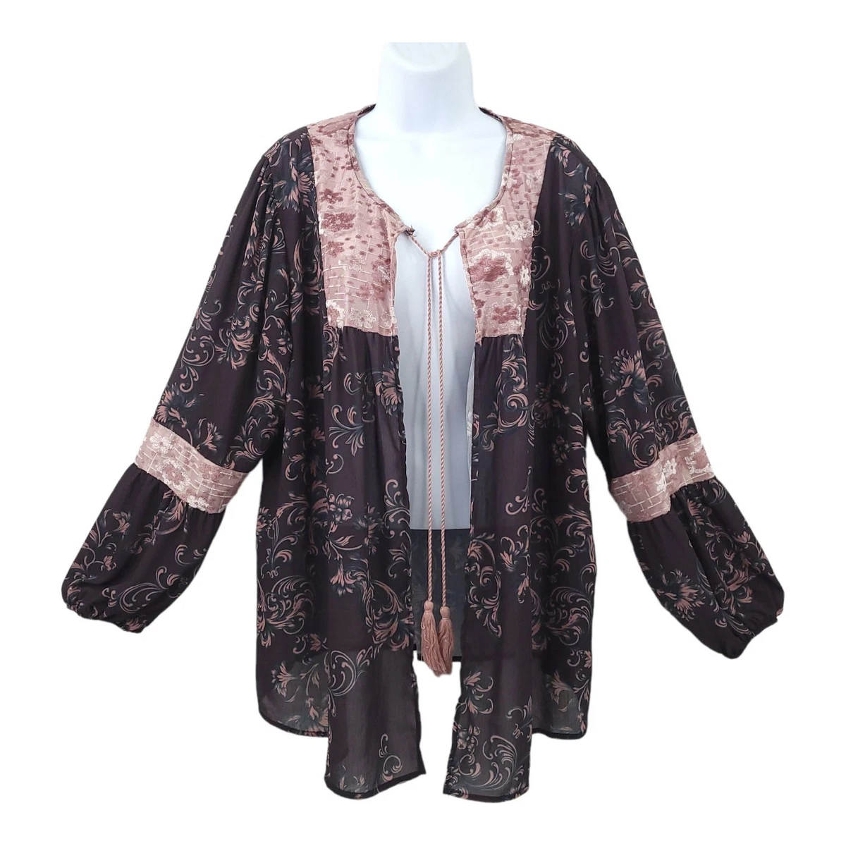 Loralette Open Front Cardigan Kimono Womens Size 1X Long Sleeve Velvet Accents
