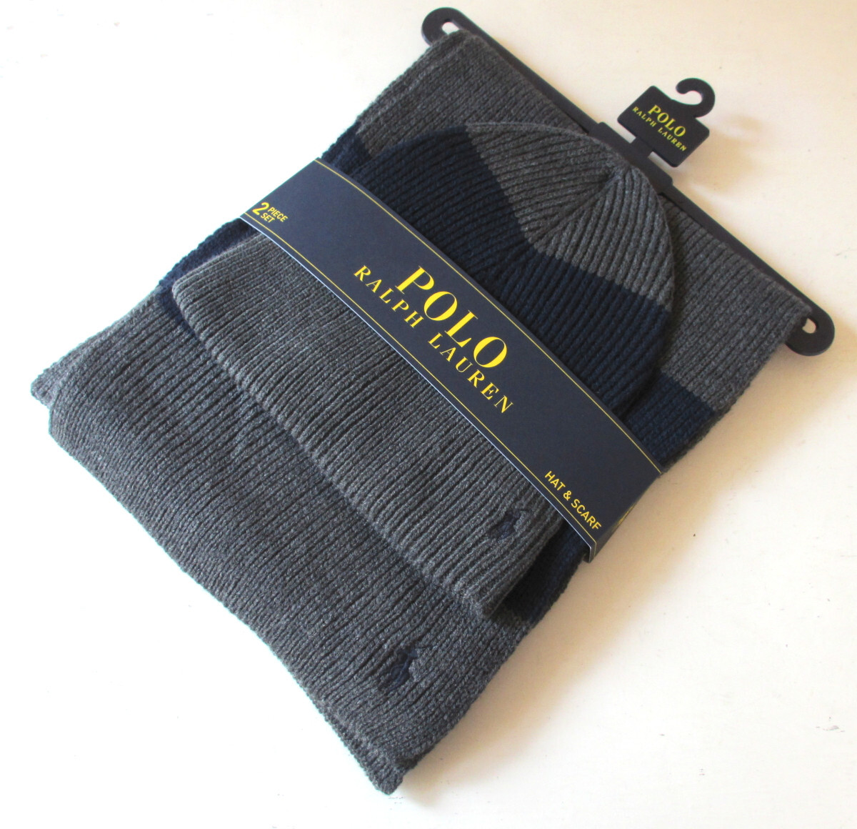 Polo Ralph Lauren uomo grigio marino berretto cappello e sciarpa set regalo con logo pony NUOVO