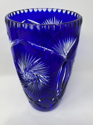 POLONIA Large Heavy Cobalt Pinwheel Blue Lead Crystal Cut Vase HAND MADE POLAND