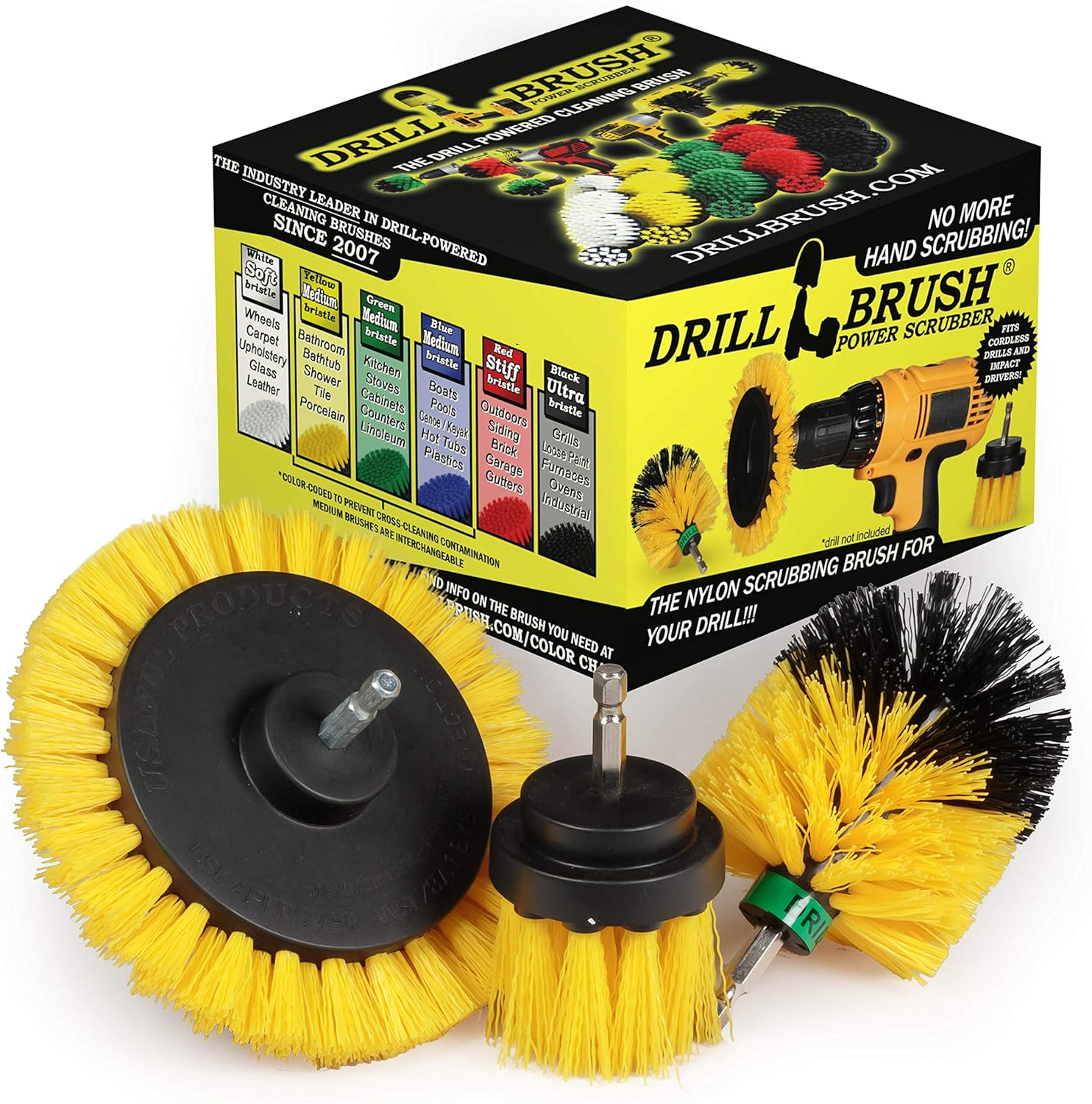 3 Piece Yellow Bathroom Cleaning Drill Brush Set for Tiles Grout Shower-image