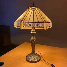 Tiffany Table Lamp 16 inch Yellow Hexagon Stained Glass shade Antique Style UK
