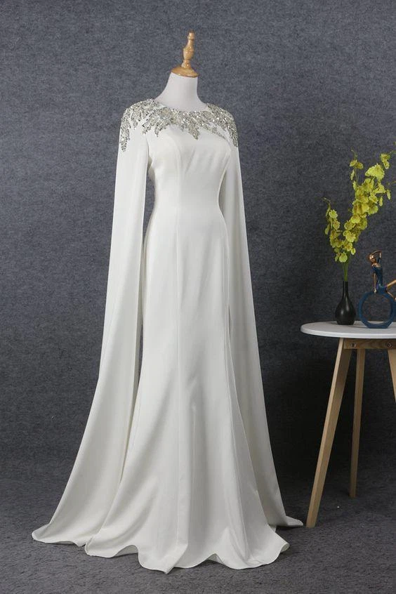 Vestidos de novia musulmanes de cristal con capa elegantes blancos marfil satinado vestidos de novia Foto 2 de 4