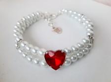 White pearl necklace for dogs and cats with rhinestone heart, pearl dog collar