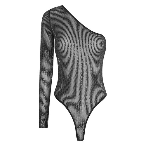 Womens One Shoulder Bodysuit One Sleeves Shiny Sequined Leotard Short Jumpsuit - Picture 26 of 61