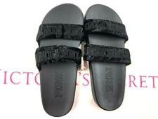 Victoria's Secret Pink Double Straps Logo Black Velvet Slides Sandals NWT