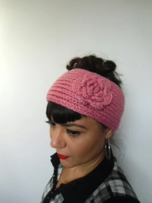 Headband bandeau turban hiver maille grosse fleur rose pinup rétro glamour - Photo 1/4