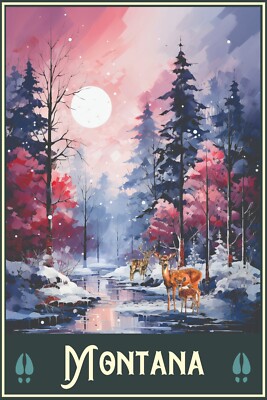 Montana Wilderness Wildlife Winter Scene Snow Deer Art Travel Poster 16x24