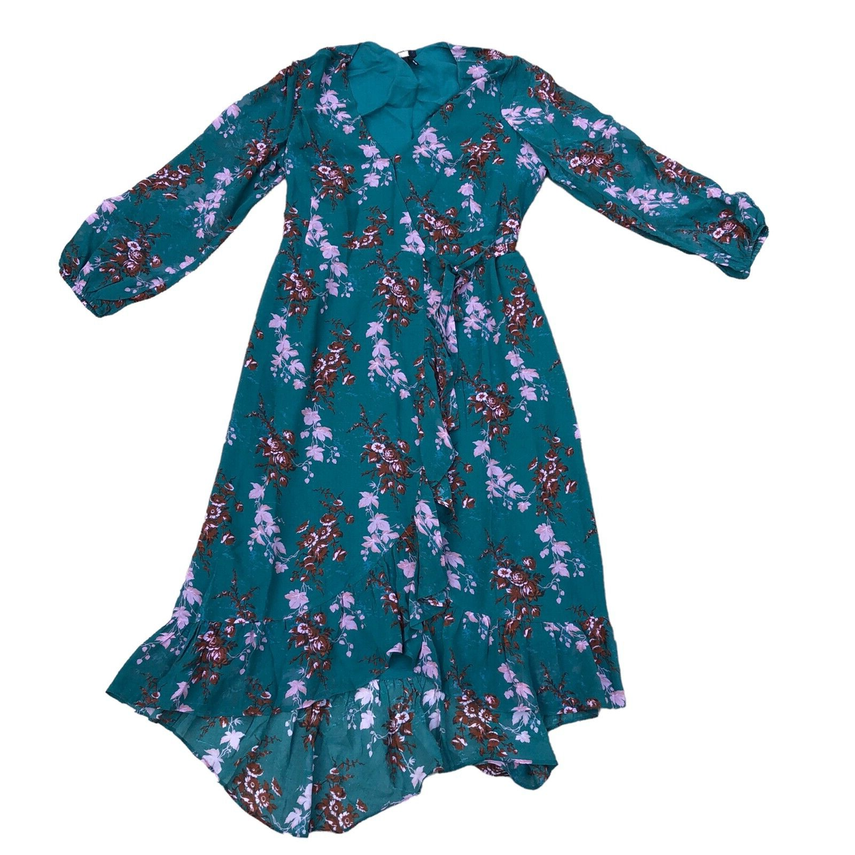 PAIGE Green Floral Wrap 100% Silk Dress Women's Palazzo Midi Green Long  Sleeve