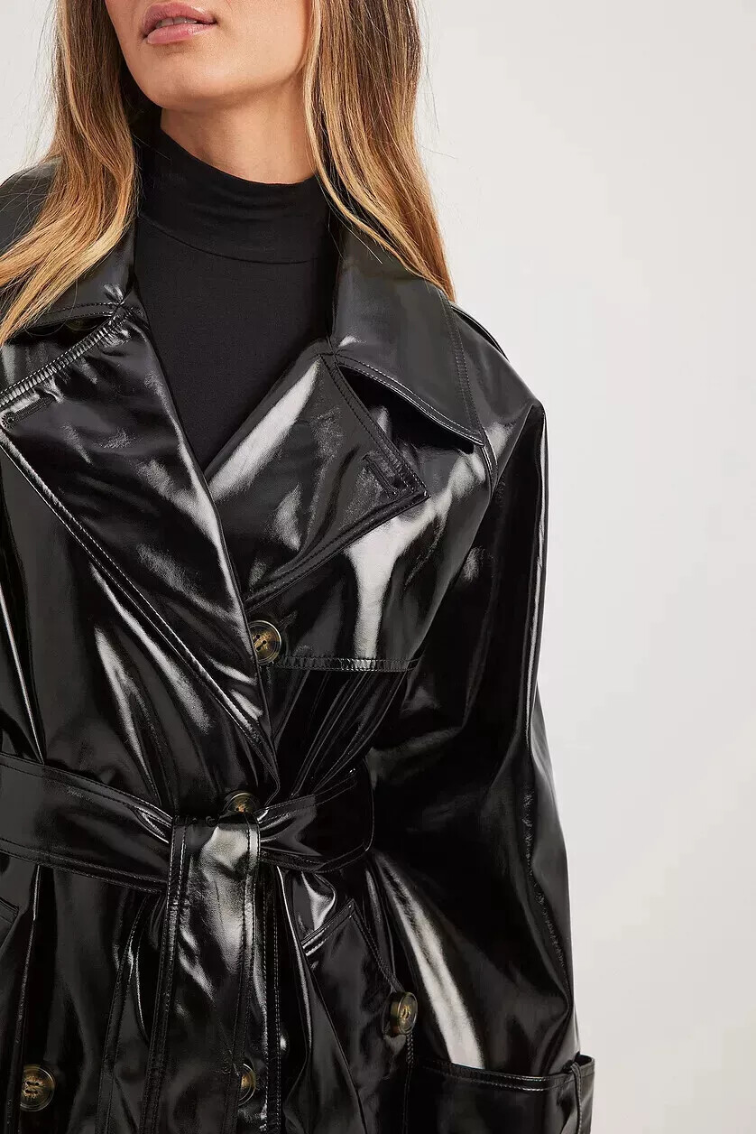 Black PVC Vinyl women's Shinny trench long Coat Waterproof Long Mac image 4