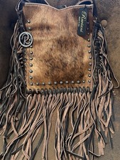 Borsa Raviani nuova con etichetta borsello boho pelle bovina frange pelle marrone borchie tracolla