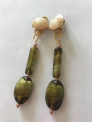 Ohrclips/Vintage Muranoglas olivfarben/Cabochon Achatmuster/6,0 cm/AUSVERKAUF