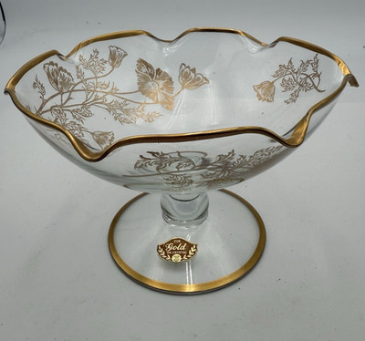 Vintage Silver City Glass Gold Overlay Compote -Poppies - 22k overlay  C70