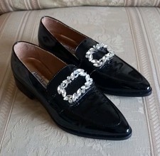 MARCO MOREO Black Patent Leather Rhinestone Loafers, 3.5, New