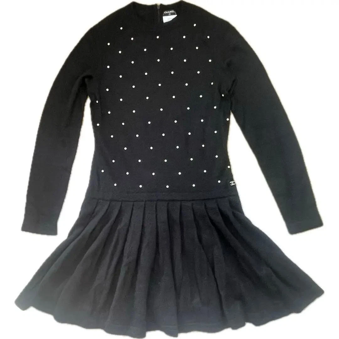 Chanel — Chanel Coco Mark Faux Pearl Dress Mohair/Cashmere Size:38 Black SK1716