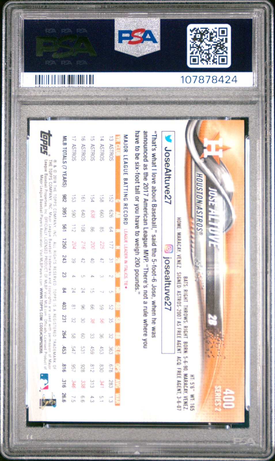 2018 TOPPS #400 JOSE ALTUVE ROOKIE RC PSA 10 view 2