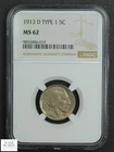 1913 D Type 1 Buffalo Nickel 5C NGC MS 62 (Large Obverse Die Break!)