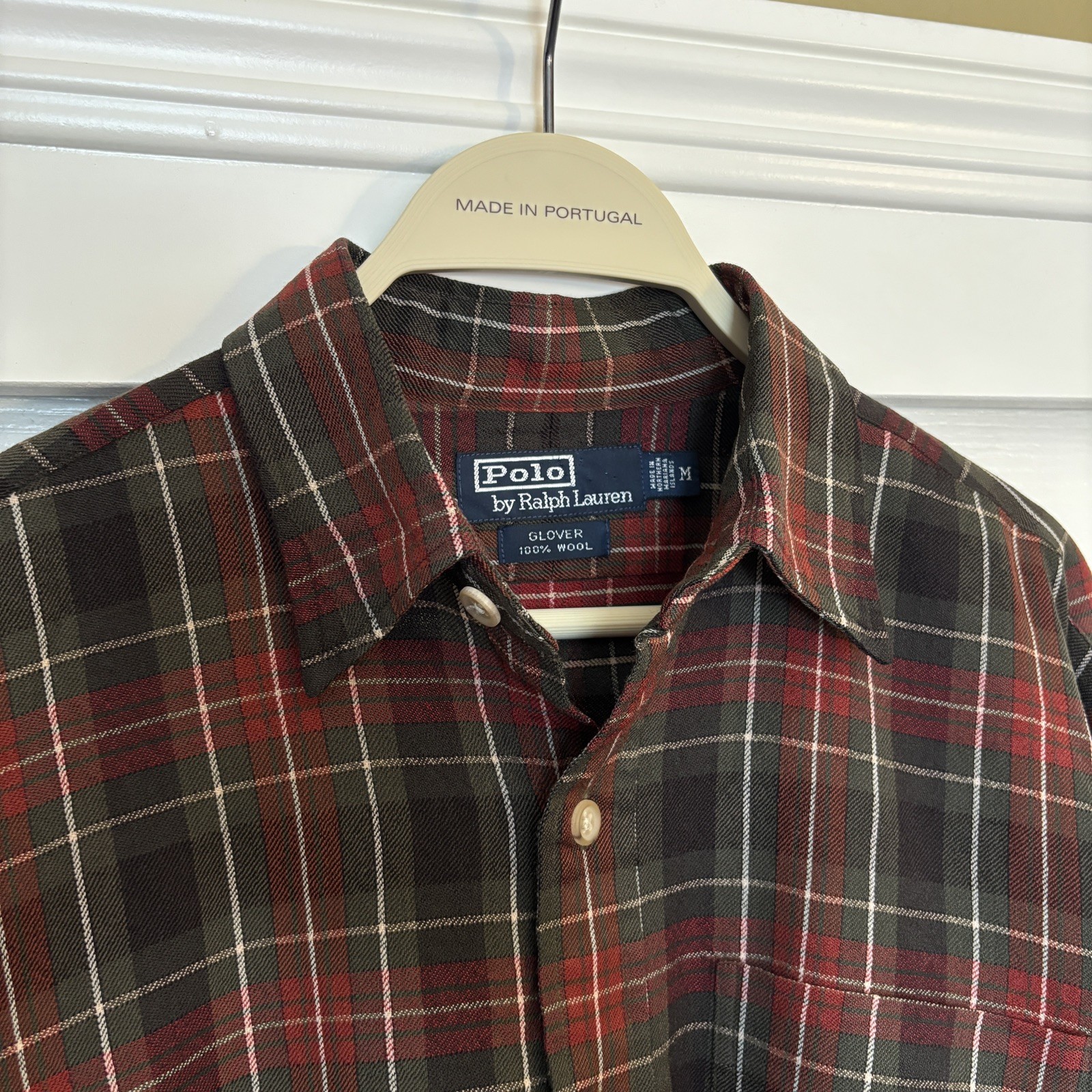 Polo Ralph Lauren Glover Mens Medium Button Shirt VTG 100% Wool Green Red Plaid