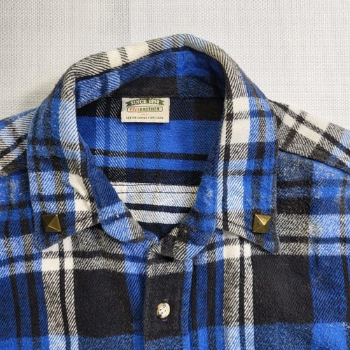 Five Brother Shirt Large Blue Cream Plaid Flannel Gold Embellishments Over Sized - Picture 5 of 11