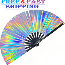 1Pcs Large Folding Hand Rave Fan,Clack Handheld Fan,Holographic Laser Colors Han