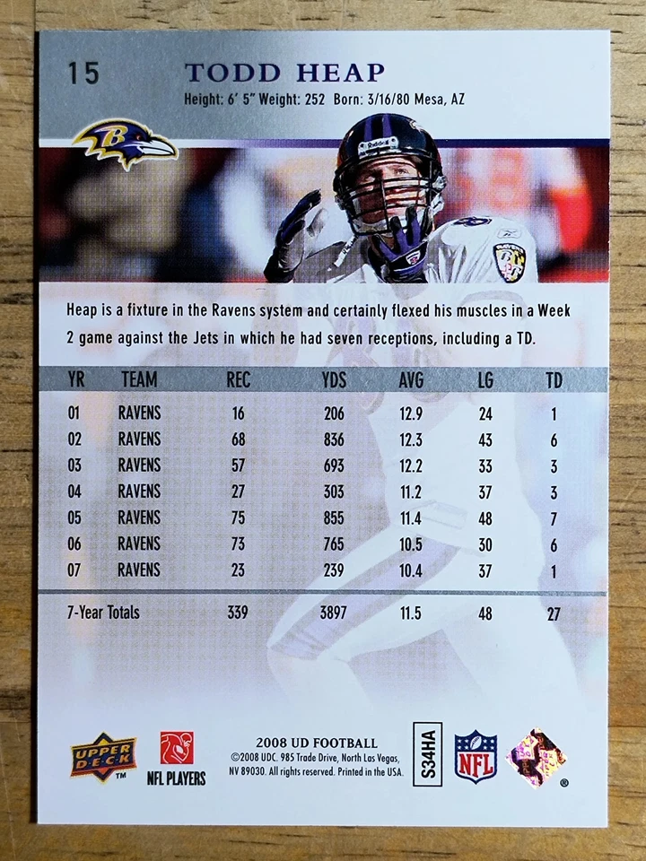 2008 Upper Deck #15 Todd Heap - Image 2 of 2