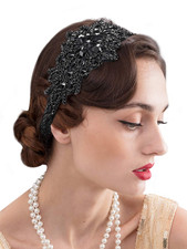 Black Rhinestone Flapper Headband-Elastic 1920S Headpiece, Great Gatsby Hair Acc