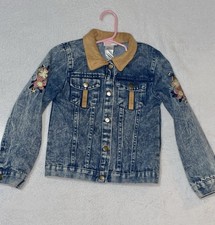 Little Lass Girls Size 6 Blue Denim Jacket Embroidered Floral Button Pockets