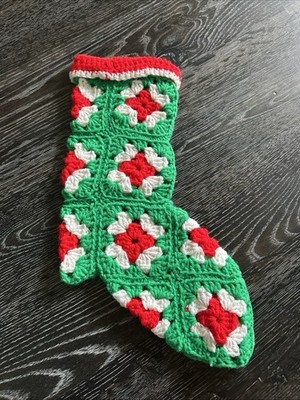Vtg Christmas Stocking Granny Square Crochet Green Red White Handmade 15 