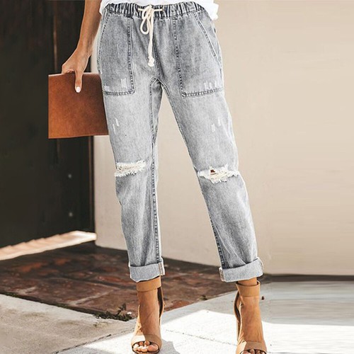 Womens Denim Elasticated Waist Trousers Ladies Casual Straight Pockets Pants - Picture 18 of 22