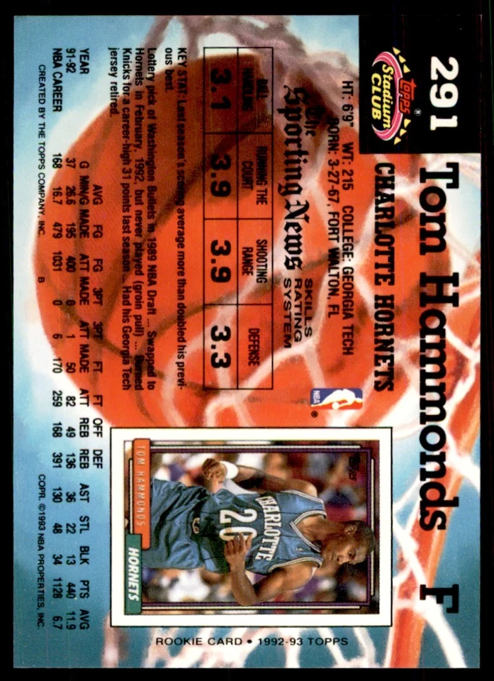 1992-93 Stadium Club Tom Hammonds Charlotte Hornets #291 - Image 2 of 2