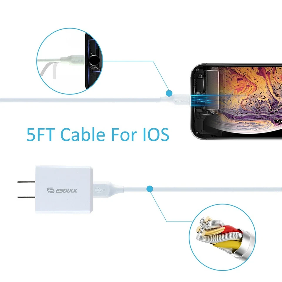 Esoulk 12W 2.4A Wall Charger & 5ft Cable For 8 PIN In White - Изображение 3 из 4