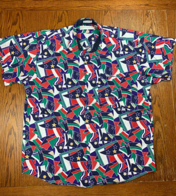 Henry Grethel All Over Print Flag SS Button Up Shirt Sz M Bright Summer VTG AOP