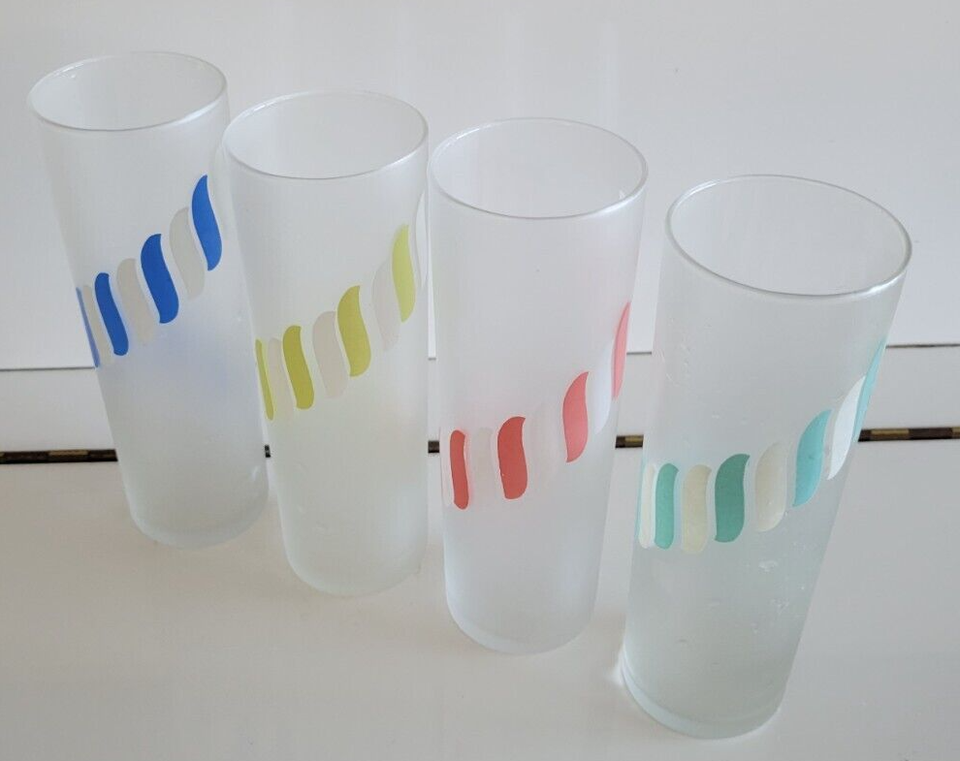 4 Libbey Frosted Tom Collins Glasses Blue Yellow Red Green Candy