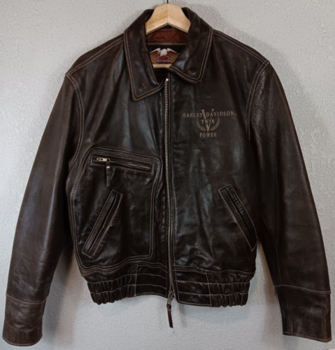 Harley Davidson Vintage Brown Leather V-Twin Power Logo Bomber Jacket Size Small - Picture 1 of 15