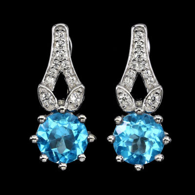 925 Sterling Silber Ohrringe Rund Schweizer Blau Topas 7mm Natürlich Edelstein