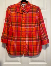 JCP Top shirt blouse L 10 Bust 38 Length 27 Orange Multi Plaid Button Front
