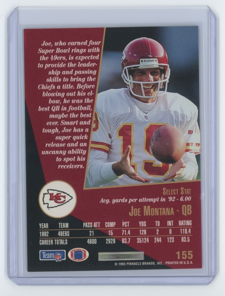 1993 Select Joe Montana HOF Football Card Kansas City Chiefs 155 eBay