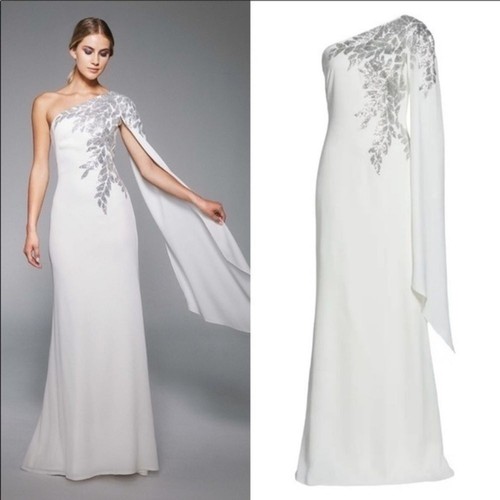 Abito TADASHI SHOJI avorio argento Columba monospalla paillettes crepe taglia 10 nuovo con etichette - Foto 5 di 7